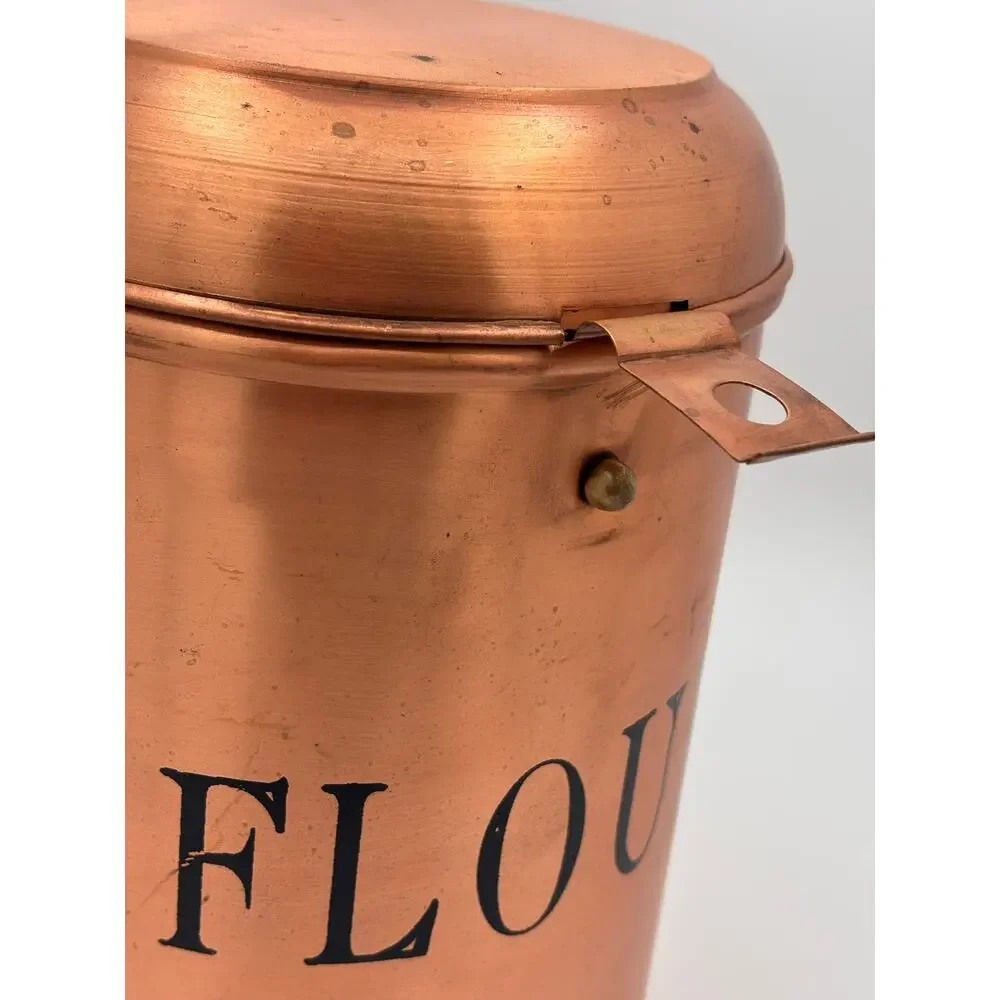 Vintage Copper Flour Canister with Latch Lid and Black Lettering